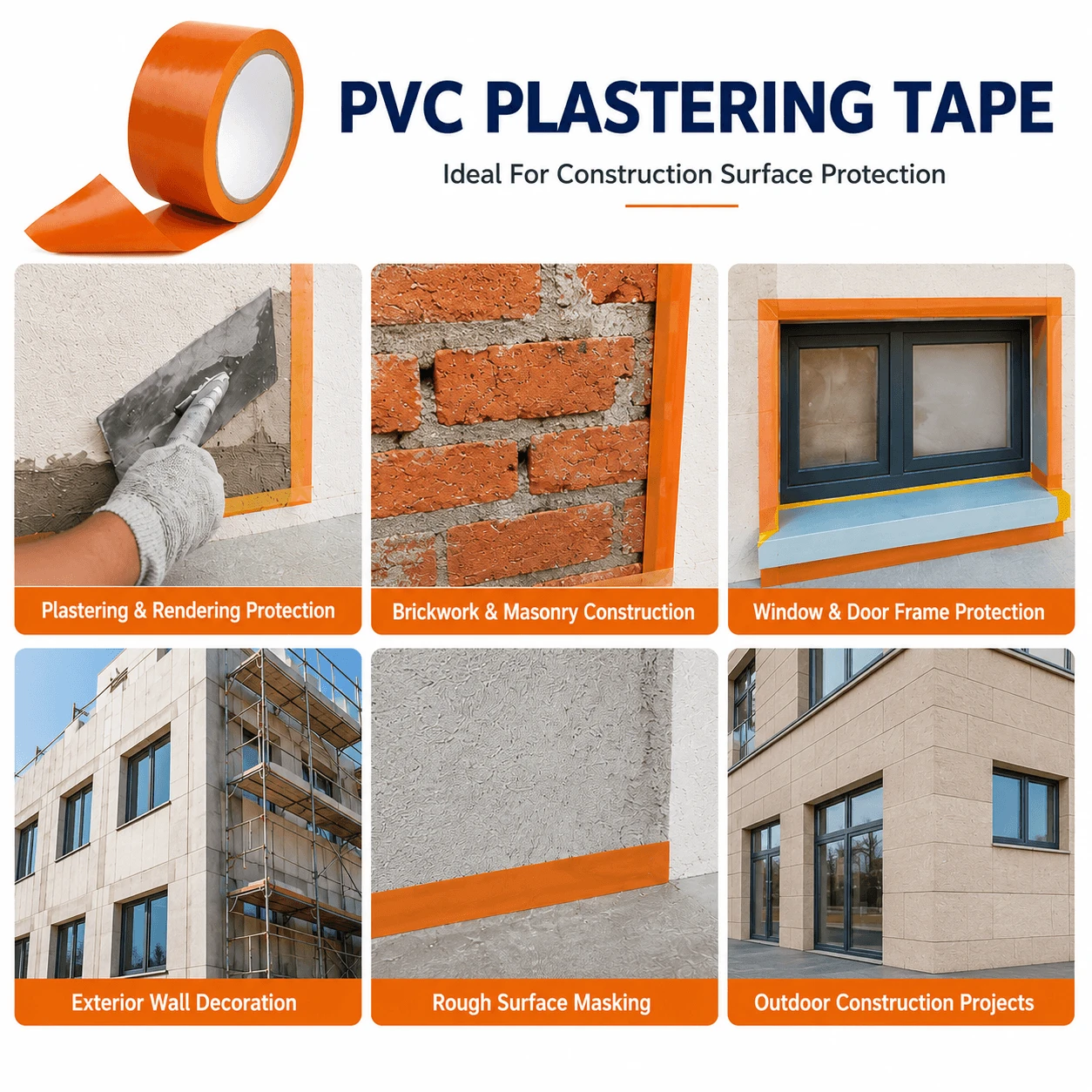 UV Resistant PVC Plastering Tape For Masonry applied on outdoor brick wall during plastering UV Resistant PVC Plastering Tape For Masonry applied on outdoor brick wall during plastering